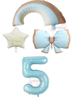 İstoç Parti Istoç Parti Mavi Renk Fiyonk Gökkuşağı Yıldız ve Rakam Folyo Balon Seti Yaş 5