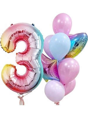 İstoç Parti Gökkuşağı Balon Renkli Yaş Balon Rakam Konsept Yaş 3