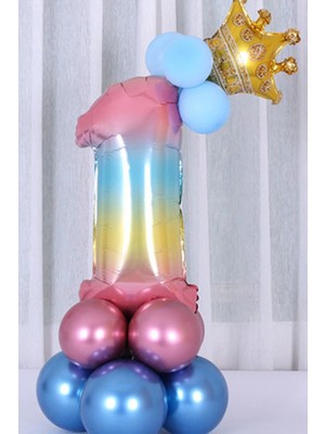 İstoç Parti Gökkuşağı Renkleri Rakam Balon Altın Taçlı 1 Rakamlı Balon Seti