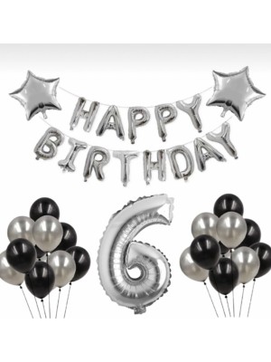 İstoç Parti Gümüş 6 Yaş Happy Bırthday Folyo Balonlu Yıldızlı Set
