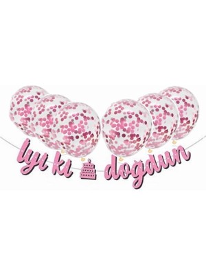 İstoç Parti Pembe Konfetili Şeffaf Balon Pembe Iyi Ki Doğdun Kaligrafi Banner Yazı