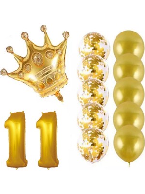İstoç Parti 11 Yaş Kral Taçlı Gold Konfetili Şeffaf Balon Seti