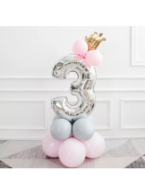 İstoç Parti 3 Yaş Gümüş Rakam ve Kral Tacı Folyo Balon Doğum Günü