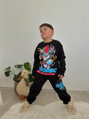 Cg Kids Sonic Baskılı Koyu Lacivert 2 Iplik Erkek Çocuk Alt Üst Süper Tarz Takım Krem Eşofman Baskı Detay