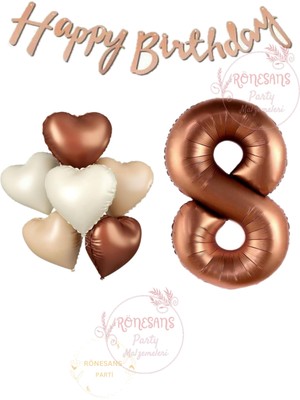 İstoç Parti Istoç Parti Happy Bıthday Yazılı Kahverengi Renk Rakam ve Kalpli Folyo Balon Seti Yaş 8