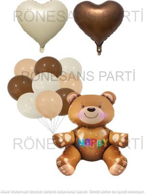 İstoç Parti Happy Yazılı Oturan Ayı  Kalp Folyo ve Latex Balon Seti