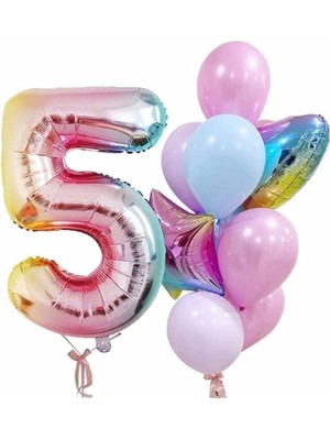 İstoç Parti Gökkuşağı Balon Renkli Yaş Balon Rakam Konsept Yaş 5