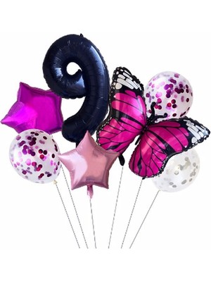 İstoç Parti Pembe Kelebek Balon Set Yıldız Balon Folyo Set Doğum Günü Set Yaş 9
