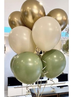 İstoç Parti Krom Gold Retro Deniz Kumu Küf Yeşili Balon Seti ve Rafya Şerit