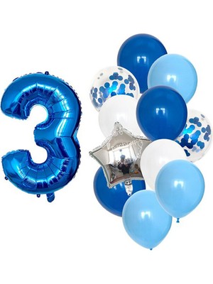 İstoç Parti Mavi Rakam Balon Pullu Şeffaf Balon Seti Yaş 3