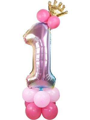 İstoç Parti 1 Yaş Gökkuşağı Renkleri Rakam Balon Altın Taçlı 1 Rakamlı Balon
