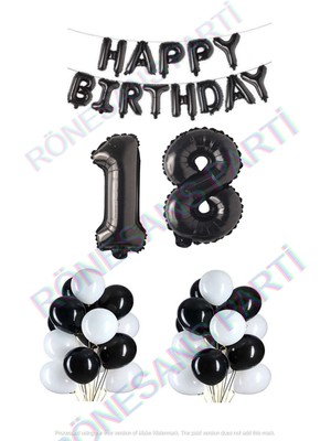 İstoç Parti Happy Bırthday Siyah Renk Folyo Balon Latex Balon  ve Folyo Rakam Seti Yaş 18