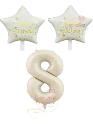 İstoç Parti Istoç Parti Bej Rakam ve Happy Bırthday Yazılı Yıldız Folyo Balon Seti Yaş 8
