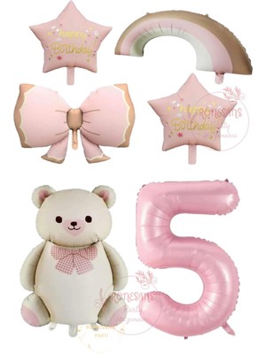 İstoç Parti Istoç Parti Pembe Renk Fiyonk Yıldız Rakam Gökkuşağı ve Krem Ayıcıklı Folyo Balon Seti Yaş 5