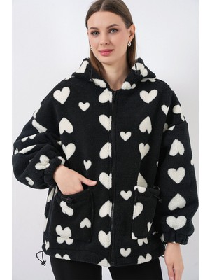 Hiccup Kadın Bdart Fermuarlı ve Cepli Kapüşonlu Kalın Peluş Ceket Siyah