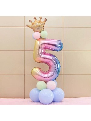 İstoç Parti 5 Yaş Gökkuşağı Rakam ve Kral Tacı Folyo Balon Doğum Günü
