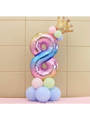 İstoç Parti 8 Yaş Gökkuşağı Rakam ve Kral Tacı Folyo Balon Doğum Günü