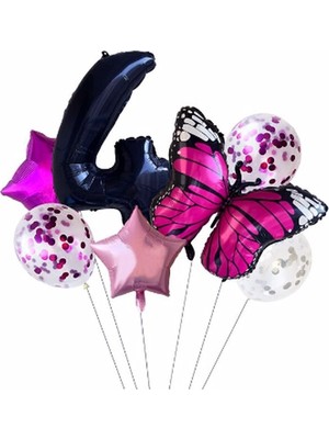 İstoç Parti Pembe Kelebek Balon Set Yıldız Balon Folyo Set Doğum Günü Set Yaş 4