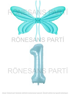 İstoç Parti Mavi Renk Melek Kanadı Folyo Balon ve Rakam Folyo Balon Seti Yaş 1