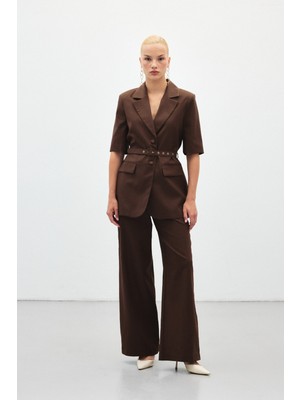 Sateen Bol Paça Keten Pantolon - Kahve