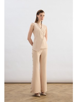 Sateen Yanları Inci Aksesuarlı Pantolon - Bej