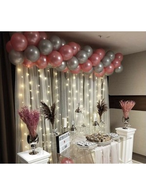 İstoç Parti 50 Adet 12 Inç Metalik Parti Balonu Metalik Pembe - Metalik Gümüş + 5 mt Balon Zinciri