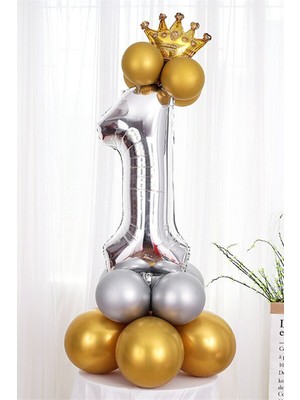 İstoç Parti Gümüş Renk 1 Yaş Krom Gold-Gümüş Renkler Altın Taçlı Balon Seti