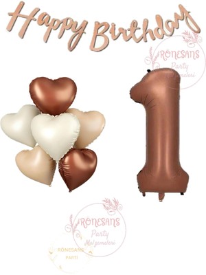 İstoç Parti Istoç Parti Happy Bıthday Yazılı Kahverengi Renk Rakam ve Kalpli Folyo Balon Seti Yaş 1