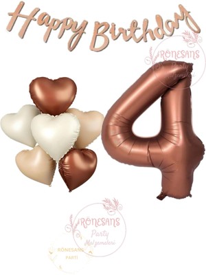 İstoç Parti Istoç Parti Happy Bıthday Yazılı Kahverengi Renk Rakam ve Kalpli Folyo Balon Seti Yaş 4