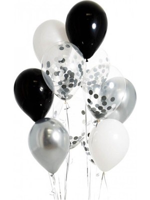 İstoç Parti Siyah Beyaz Gümüş Konfetili Balon Seti