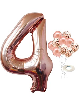 İstoç Parti 4 Yaş Rose Gold Rakam Balon Konfetili Balon Seti