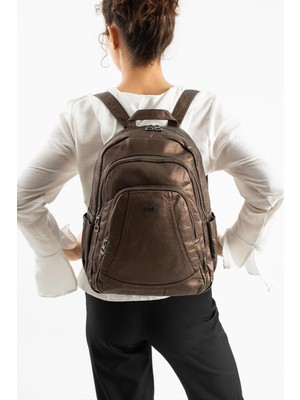 Duomino Bronz Çok Cepli Poliüretan Yıkama Deri Sırt Çantası Günlük Çanta Sırt Çantası