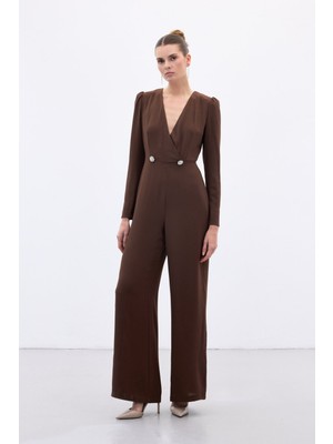 Sateen Kruvaze Süs Taşlı Krep Tulum - Kahve