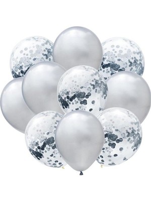İstoç Parti Gümüş Konfetili Şeffaf Metalik Gümüş Balon Seti 20 Adet