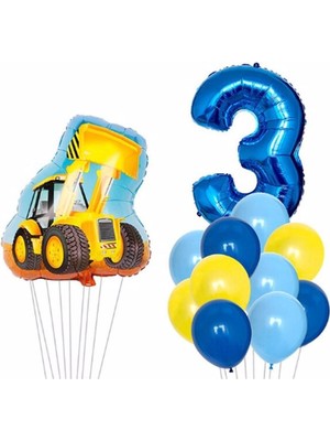 İstoç Parti Inşaat Kepçe Temalı Mavi Rakam Balon Seti Yaş 3