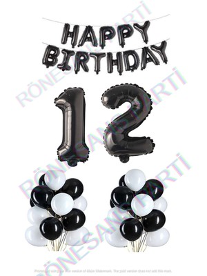 İstoç Parti Happy Bırthday Siyah Renk Folyo Balon Latex Balon  ve Folyo Rakam Seti Yaş 12