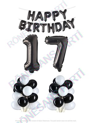 İstoç Parti Happy Bırthday Siyah Renk Folyo Balon Latex Balon  ve Folyo Rakam Seti Yaş 17