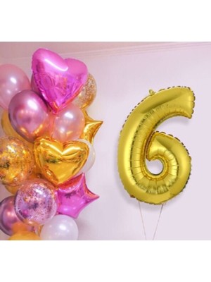 İstoç Parti Pembe Gold Kalp Yıldız Rakam Konsept Balon Seti 6 Yaş