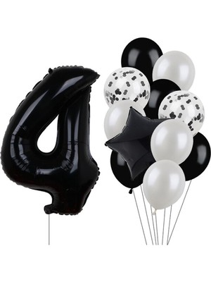 İstoç Parti Siyah Rakam Folyo ve Latex Balon Seti Yaş 4