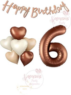İstoç Parti Istoç Parti Happy Bıthday Yazılı Kahverengi Renk Rakam ve Kalpli Folyo Balon Seti Yaş 6
