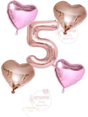 İstoç Parti Istoç Parti Rose Gold Rakam Kalp ve Pembe Kalp Folyo Balon Seti Yaş 5