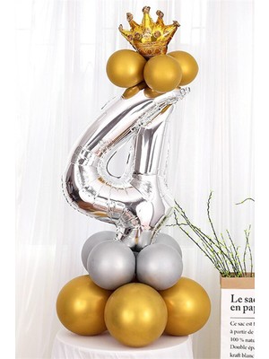 İstoç Parti Gümüş Renk 4 Yaş Krom Gold-Gümüş Renkler Altın Taçlı Balon Seti