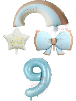 İstoç Parti Istoç Parti Mavi Renk Fiyonk Gökkuşağı Yıldız ve Rakam Folyo Balon Seti Yaş 9