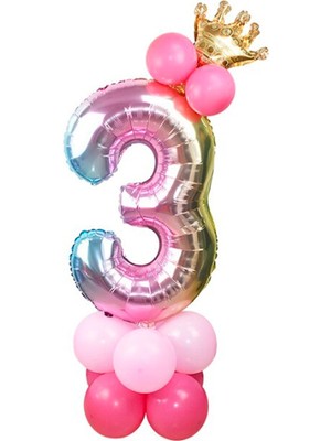 İstoç Parti 3 Yaş Gökkuşağı Renkleri Rakam Balon Altın Taçlı 3 Rakamlı Balon