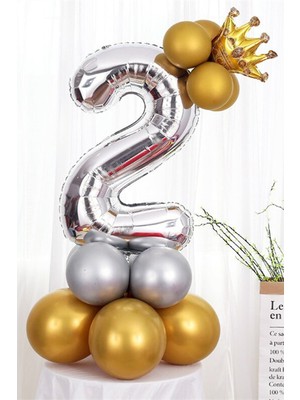 İstoç Parti Gümüş Renk 2 Yaş Krom Gold-Gümüş Renkler Altın Taçlı Balon Seti