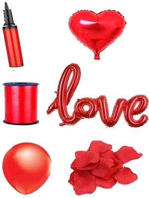 İstoç Parti Sevgililer Günü Kırmızı Love Balon-Pompa-Rafya-Gül Yaprağı-1 Kalp Folyo Balon-30 Latex Balon
