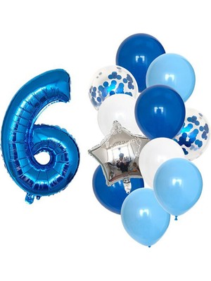 İstoç Parti Mavi Rakam Balon Pullu Şeffaf Balon Seti Yaş 6