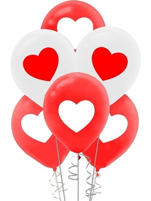 İstoç Parti Kırmızı Beyaz Kalp Baskılı Balon 30'lu