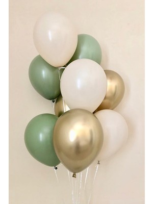 İstoç Parti Krom Gold - Küf Yeşili ve Pastel Beyaz Renk Balon 9 Adet