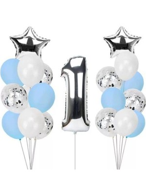 İstoç Parti 1 Yaş Konfetili Mavi-Beyaz-Şeffaf Balon Seti Doğum Günü Parti Seti